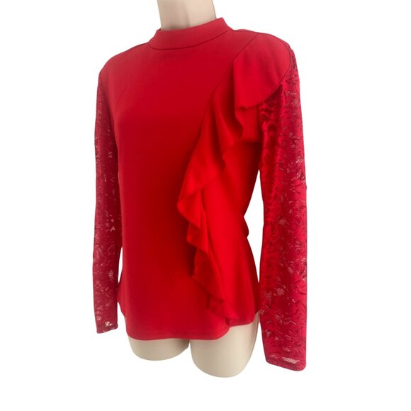 Venus Red Lace Long Sleeves Ruffle Knit Top Size S Christmas Holiday Evening - Picture 2 of 9